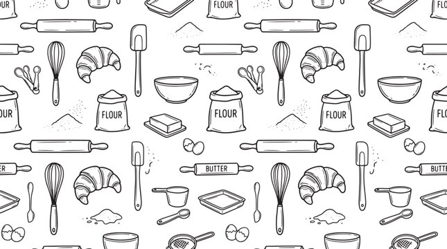 Baking seamless pattern with hand drawn kitchen tools flour bags and croissants in black and white vector