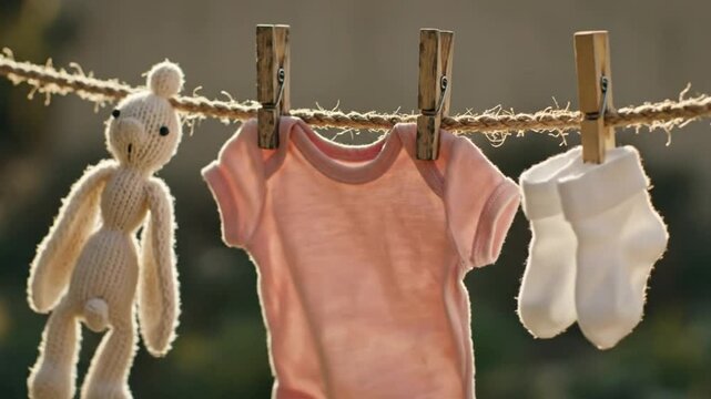 Baby clothes and knitted toy drying on a clothesline in sunlight during the day