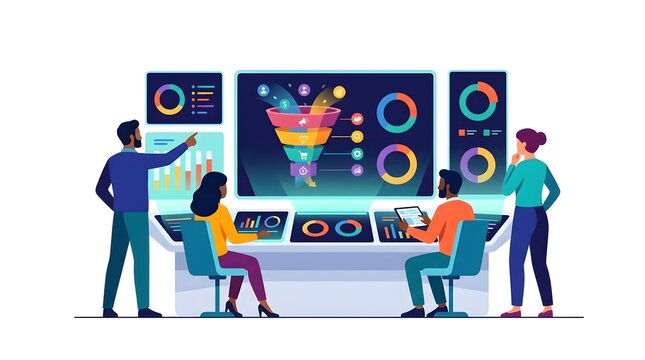 Diverse Business Team Analyzing Marketing Funnel and Sales Data on Digital Dashboards