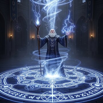 Mystical Wizard Casting Lightning Spell in Illuminated Chamber.