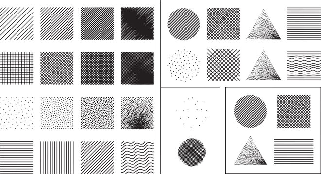 Collection of hand drawn geometric patterns and textures with hatching dots and lines in vector format