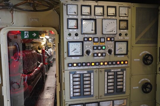 Internal view of the engine and engine control room, of the retired Greek Navy, Type 209 submarine Proteas II