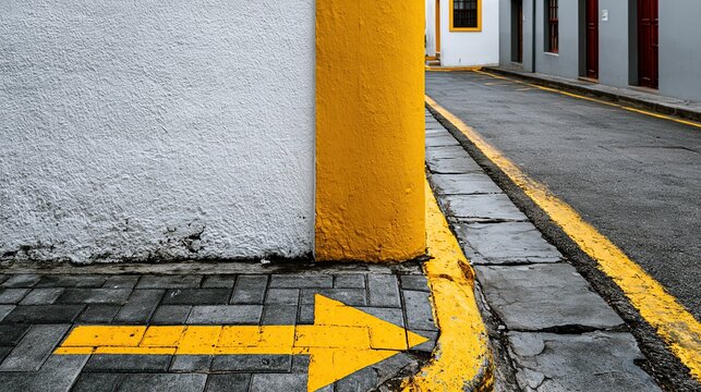 Yellow directional arrow on brick pavement at urban street corner with white and yellow building walls, guiding path in city neighborhood with road and sidewalk