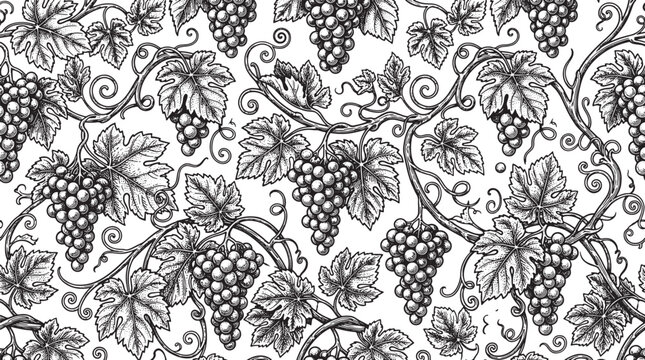 Grapevine pattern with clusters of grapes and leaves in a detailed hand drawn black and white illustration
