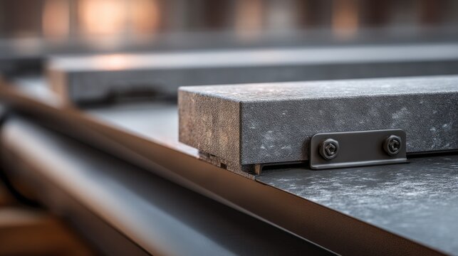 Close-up of metal steel plate secured with bolts on industrial equipment