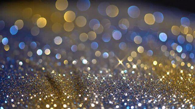 Sparkling abstract gold and blue glitter bokeh background creating festive, magical, and enchanting visual effects