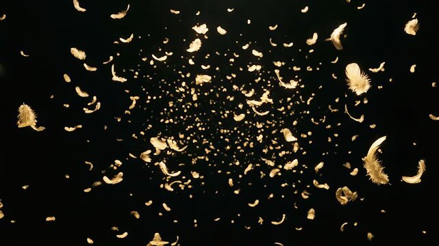 Golden feathers flutter down from the center, filling the entire screen.