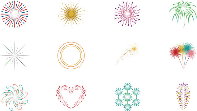 Colorful festival fireworks and pyrotechnic celebration icon set featuring heart, star, snowflake, and burst shapes for holiday party and event graphics