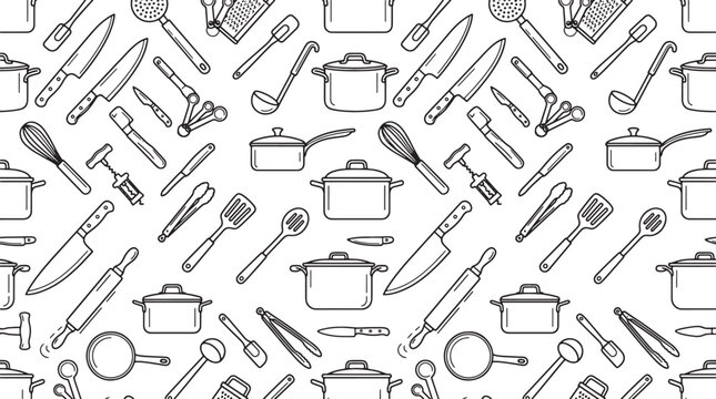 Kitchenware seamless pattern with cooking utensils and cookware in hand drawn line art vector illustration style