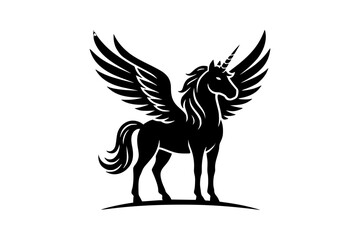 Fototapeta premium Black silhouette of a winged unicorn standing proudly