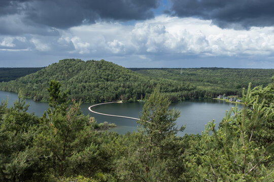 Landscape view of the tourist attraction "Cycle between the Mine Terrils" in the "Hoge Kempen" National Park, at Terhills, near Dilsen-Stokkem in Limburg, Belgium. With copy space.