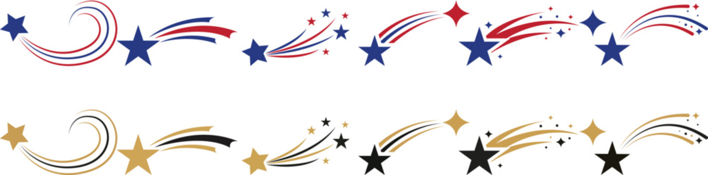 Decorative Shooting Star Swirl Collection with Sparkle Trail and Firework Burst Vector Set