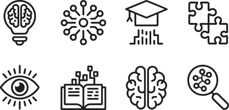 Innovation and learning brain lightbulb graduation cap puzzle eye