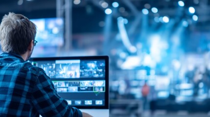 Fototapeta premium Man working on laptop with video editing software in modern studio space