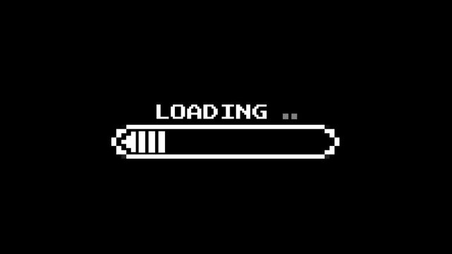 White pixel art loading animation, 8-bit retro game start, download bar screen