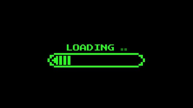 Green neon pixel art loading animation, 8-bit retro game start, download bar screen
