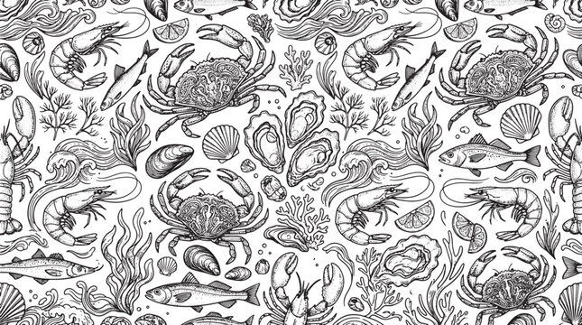 Seafood pattern with hand drawn crabs fish shrimp and oysters in black and white sketch vector illustration