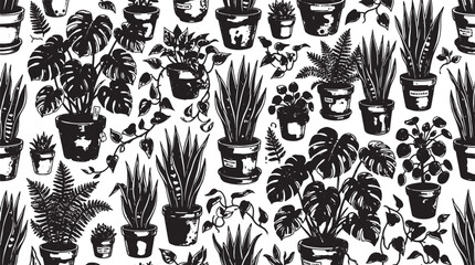 Fototapeta premium Seamless pattern of hand drawn potted houseplants including monstera and snake plants in black and white vector