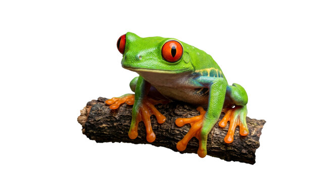 Vibrant red-eyed tree frog perched on a textured branch against a black background