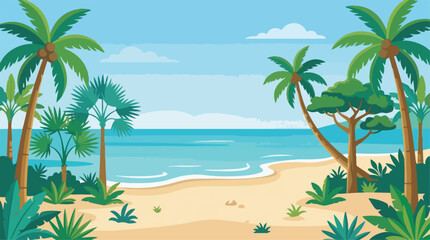 Fototapeta premium Tropical Beach Vector with Palm Trees and Ocean Landscape