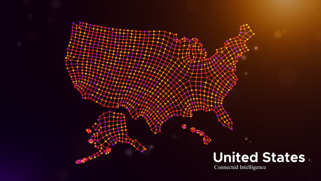 United States connected intelligence concept featuring a neural network map, colorful connected nodes, and modern typography over a glowing purple and orange technology background.