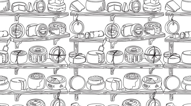 Seamless pattern of various cheese wheels on wooden shelves, hand drawn black and white vector illustration background
