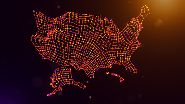 United States map visualization formed by interconnected network nodes and digital mesh lines over a glowing purple and orange bokeh background, representing technology, connectivity, and innovation.