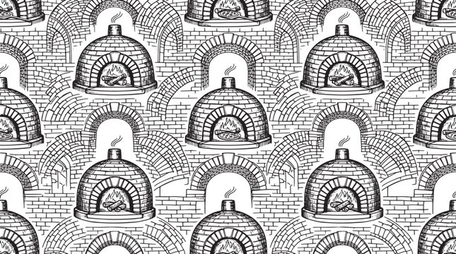 Seamless pattern of traditional brick pizza ovens with burning wood fire in a hand drawn sketch style
