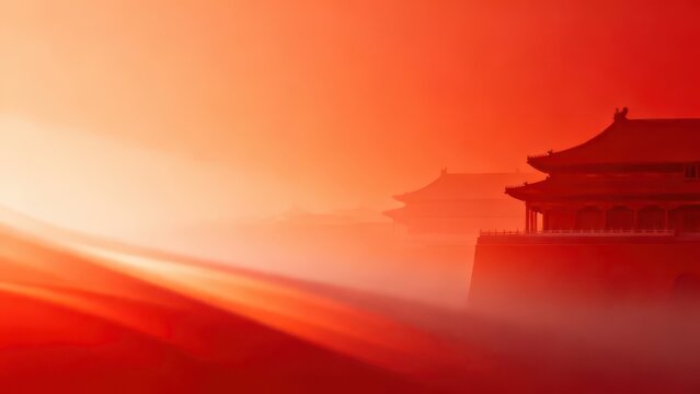 Warm orange misty Chinese palace illustration, blurred layered ancient upturned eaves architecture, soft gradient light, elegant minimalist traditional Chinese background material.