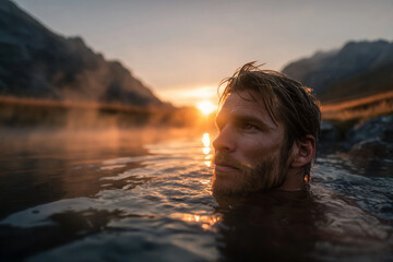Fototapeta premium Clean and honest view of man in mountain hot spring during sunrise