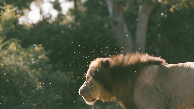 Male lion with mane growing in and face covered in flies shakes his head in slow motion as insects fly off in African Savanna, Tanzania.

