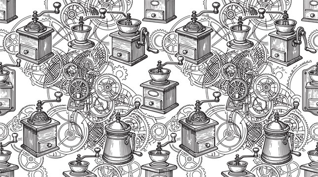 Seamless pattern with vintage coffee grinders and mechanical gears in hand drawn sketch style for background design