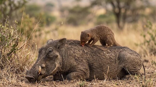 Close up of Common Dwarf Mongoose (Helogale parvula) grooming and eating ticks on warthog's body, African savanna, South Africa.
