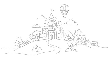 Castle And Hot Air Balloon Line Drawing Scenic Landscape Illustration © Foaje512