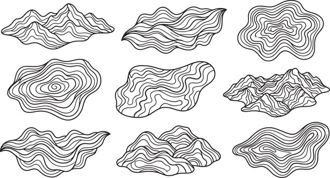 Set of hand drawn abstract mountains and clouds with wavy line patterns in black and white vector