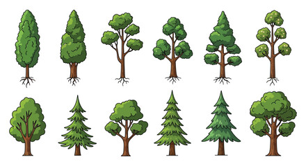 Variety Of Trees Vector Illustration With Green Foliage And Brown Trunks © Foaje512