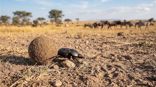 Dung beetle on the ground in African savanna, Tanzania.
