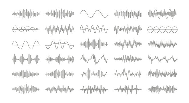 Waveforms And Sound Waves Black Line Vector Illustration Set