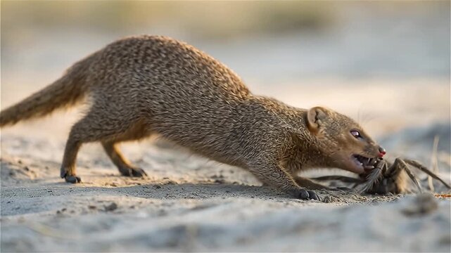 Common Dwarf Mongoose (Helogale parvula) hunting a baboon spider in African savanna, South Africa.
