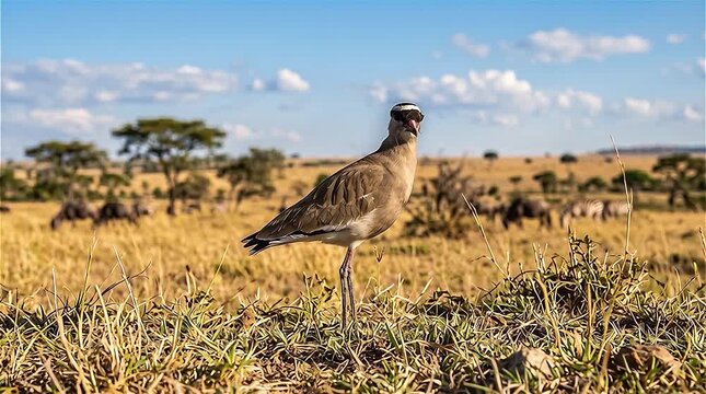 Crowned lapwing (Vanellus coronatus), or crowned plover on grassland, African savannah, South Africa.
