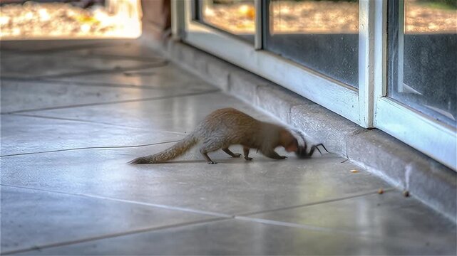 Common Dwarf Mongoose (Helogale parvula) hunting a baboon spider in African savanna, South Africa.
