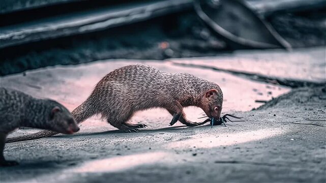 Common Dwarf Mongoose (Helogale parvula) hunting a baboon spider in African savanna, South Africa.
