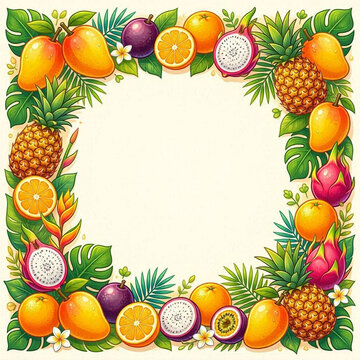 Tropical fruit border frame illustration with colorful fruits and copy space