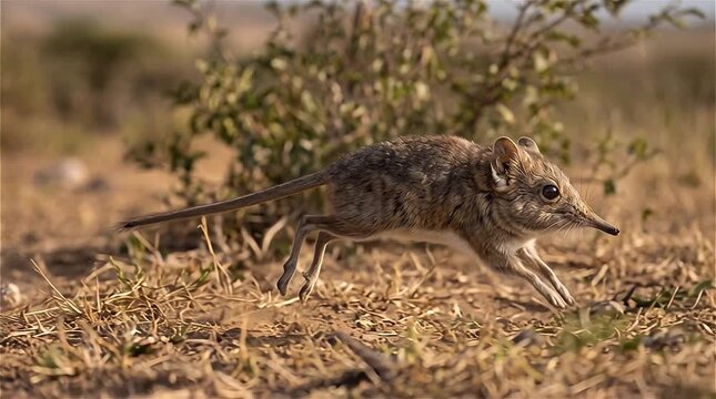 Close up of Elephant Mouse or elephant shrew or jumping mouse running in natural habitat, African savanna, Tanzania.
