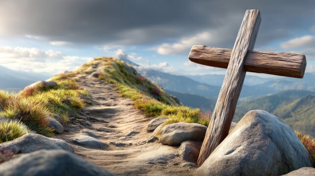Weathered wooden cross standing on rocky mountain path with scenic landscape