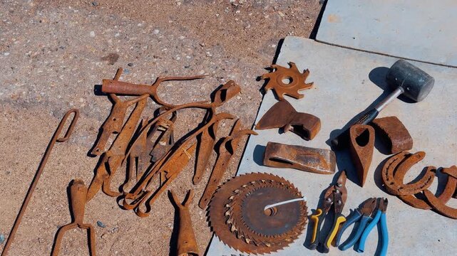 Rusty tools on asphalt flea market scene with sunlit cardboard boxes of old hand tools, circular saw blade, pliers, mallet