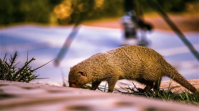 Common Dwarf Mongoose (Helogale parvula) seeking food  in African savanna, South Africa.

