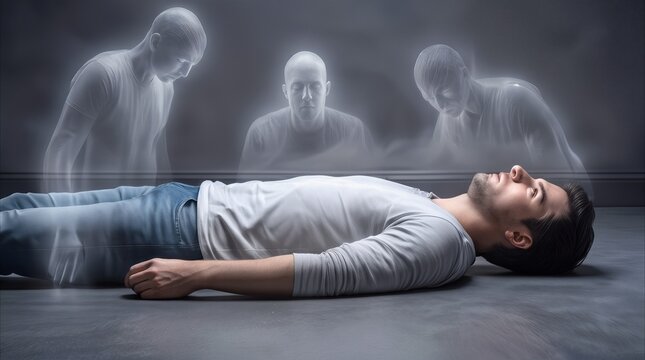 Ethereal souls observing unconscious man lying on grey floor. Spiritual connection and afterlife concept.