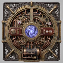 Obraz premium Detailed Steampunk mechanism with a glowing blue energy core, brass and copper pipes, intricate gears, and vintage gauges. Ideal for fantasy & sci-fi designs.
