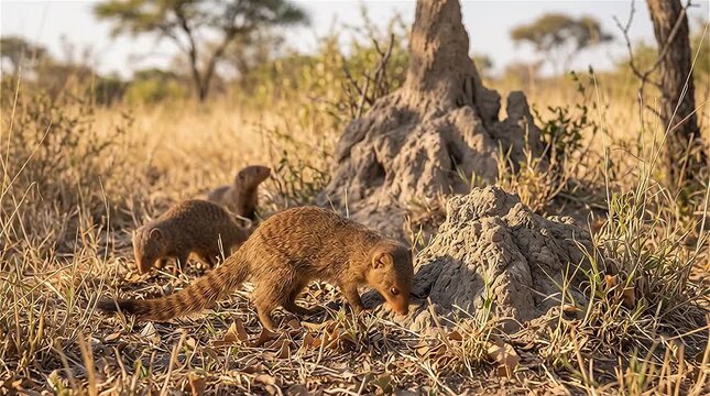 Common Dwarf Mongoose (Helogale parvula) seeking food  in African savanna, South Africa.
